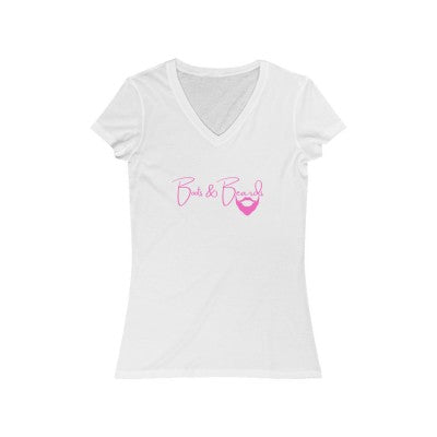 Ladies Boots & Beards V-Neck Short Sleeve Pink Logo