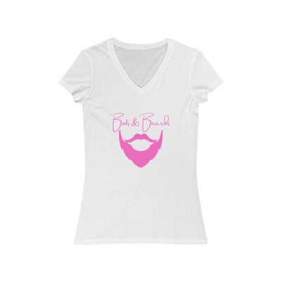 Ladies Boots & Beards V-Neck Short Sleeve Pink Logo